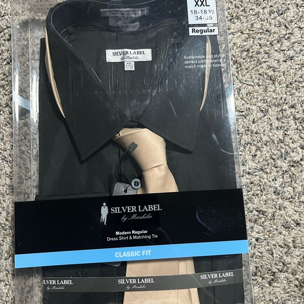 Men’s dress shirt with necktie. New. Size 2XL. Neck 18-18.5. Black, long sleeve.